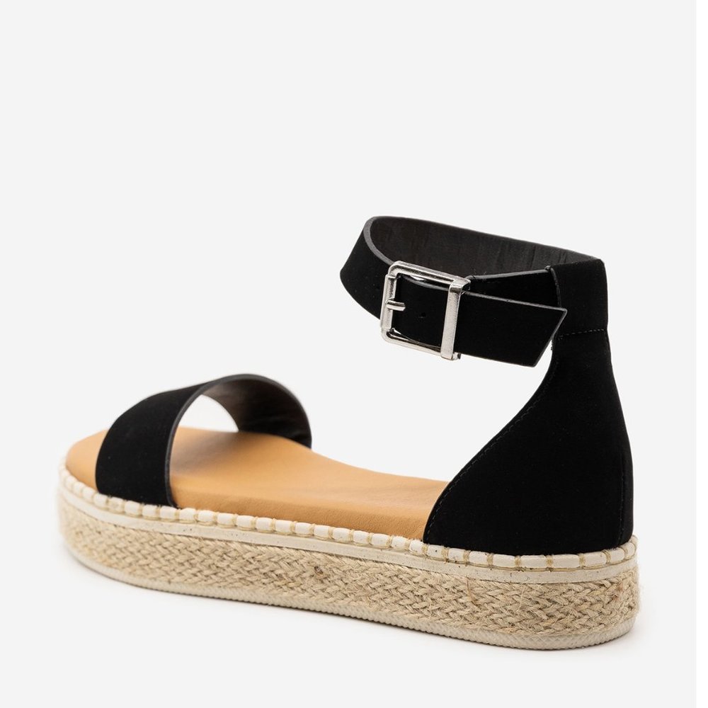 NEW Black Open Toe Low Flat Platform Heel Espadrille Jute Sandal Ankle Strap - Picture 7 of 7